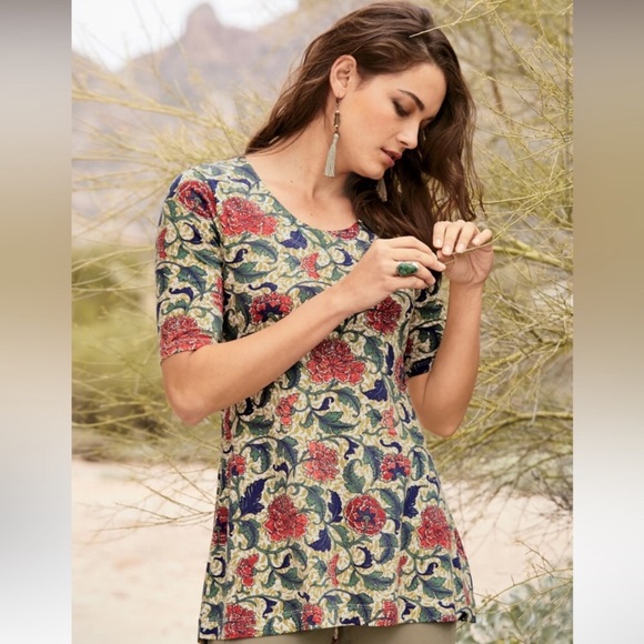 Peruvian Connection Tops - Peruvian Connection Exbury Tunic Top Half Sleeve Pima Modal Floral Peonies M